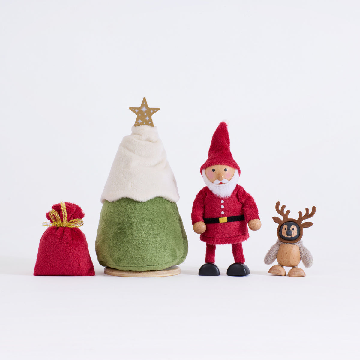 Cheery Santa set with Santa, baby penguin wearing reindeer antlers, Christmas tree and red Santa sack
