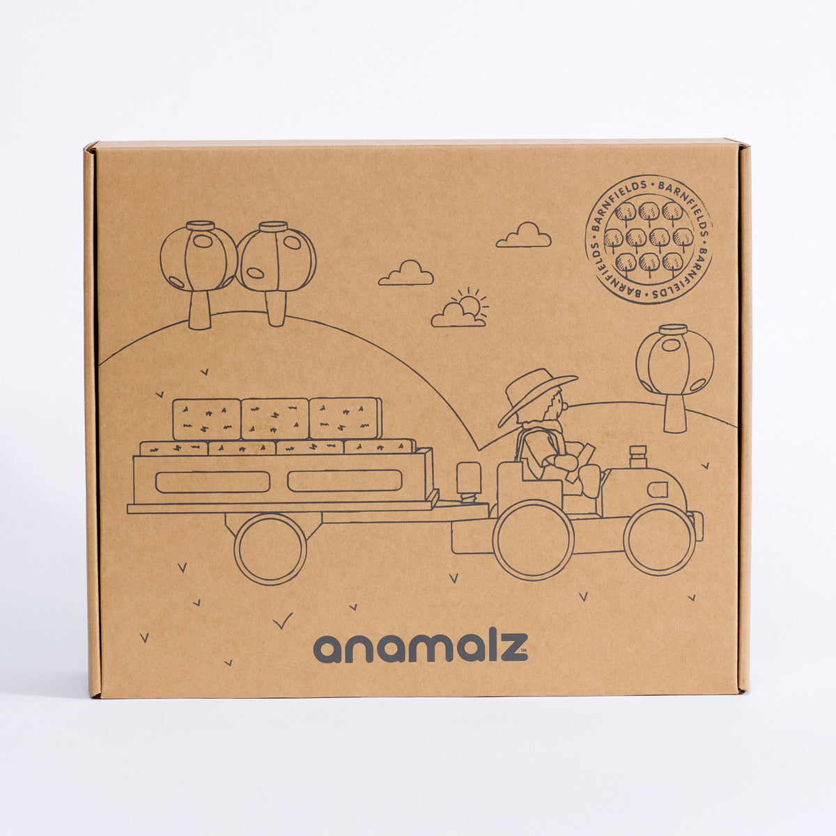 Tractor & Trailer Set gift box, front view with tractor and trailer illustration