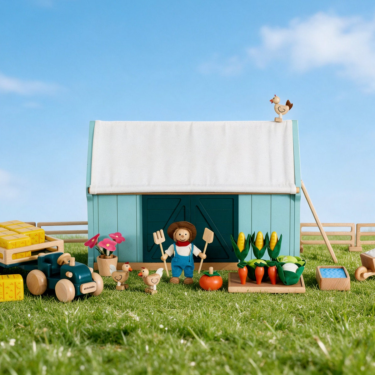 Anamalz Barnfields gift card artwork with a teal barn, farmer and wooden farm toys under a blue sky