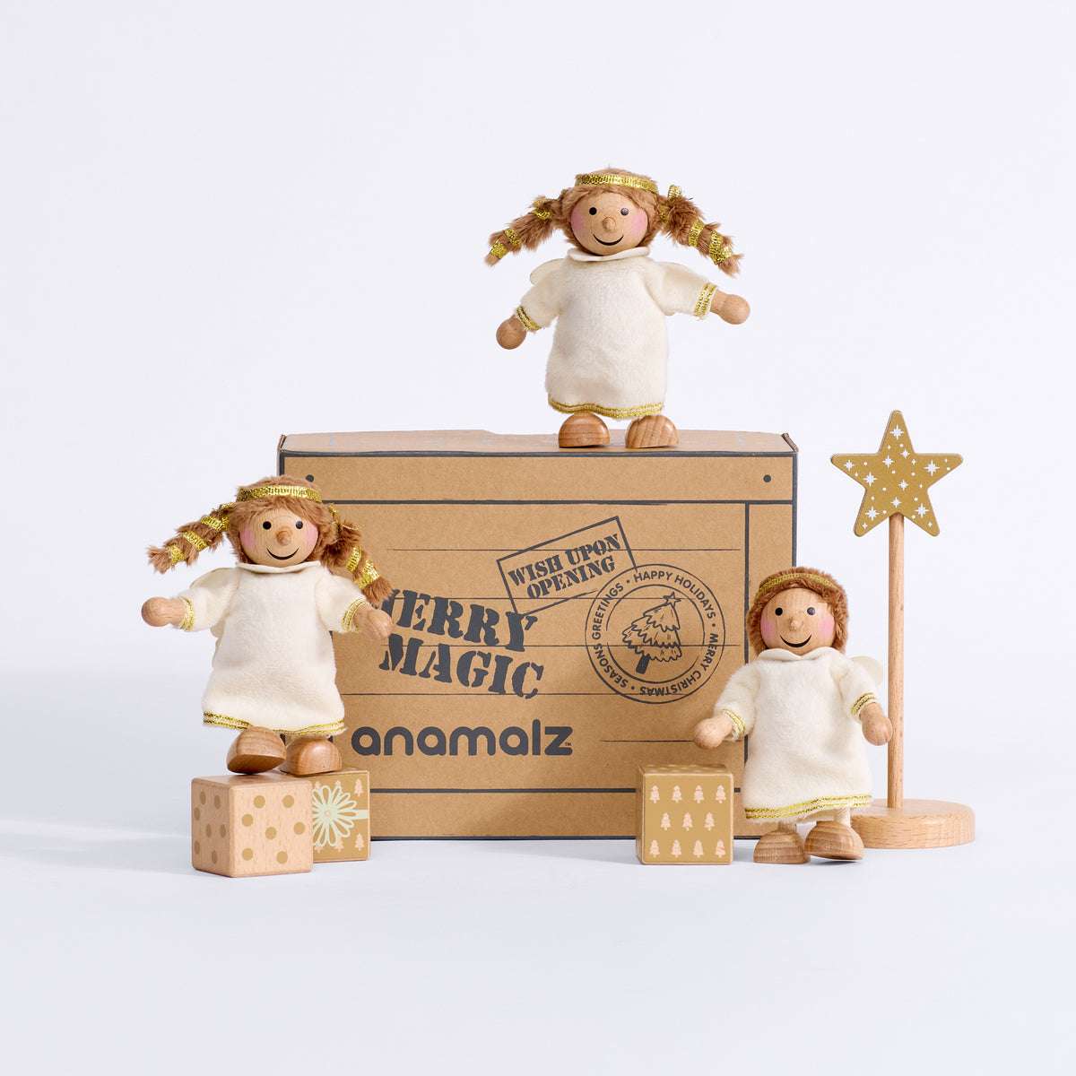 Cherub Angels with their Merry Magic gift box, gold star stand and wooden presents