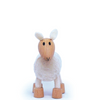 Adorable eco-friendly wooden sheep toy with soft white wool coat and moveable head, perfect for imaginative play and learning.
