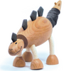 Adorable eco-friendly wooden Stegosaurus dinosaur toy with three horns and a bendy tail, perfect for imaginative play and learning.