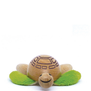 Adorable eco-friendly wooden turtle toy with fabric flippers and a smiling face, perfect for imaginative play and learning.
