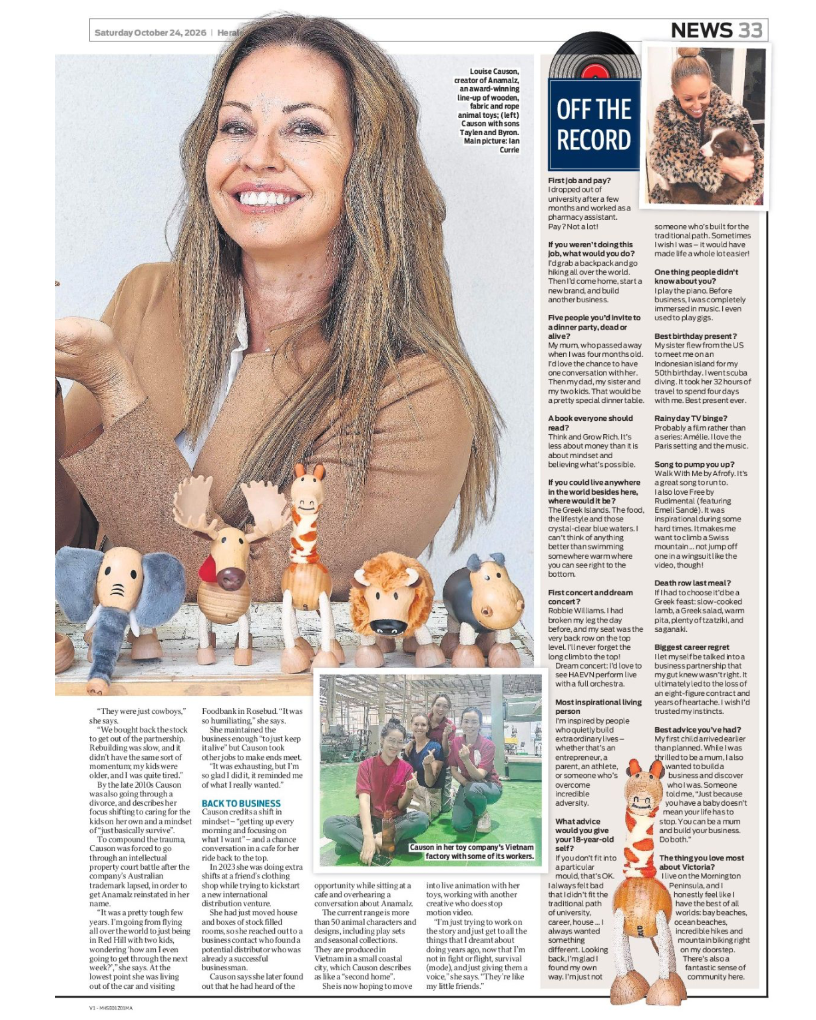 Herald Sun feature on Anamalz founder Louise Causon, 24 October 2026