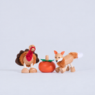 Harvest Mini Crate wooden toy set with Turkey, Pumpkin and Fox, three-quarter hero view