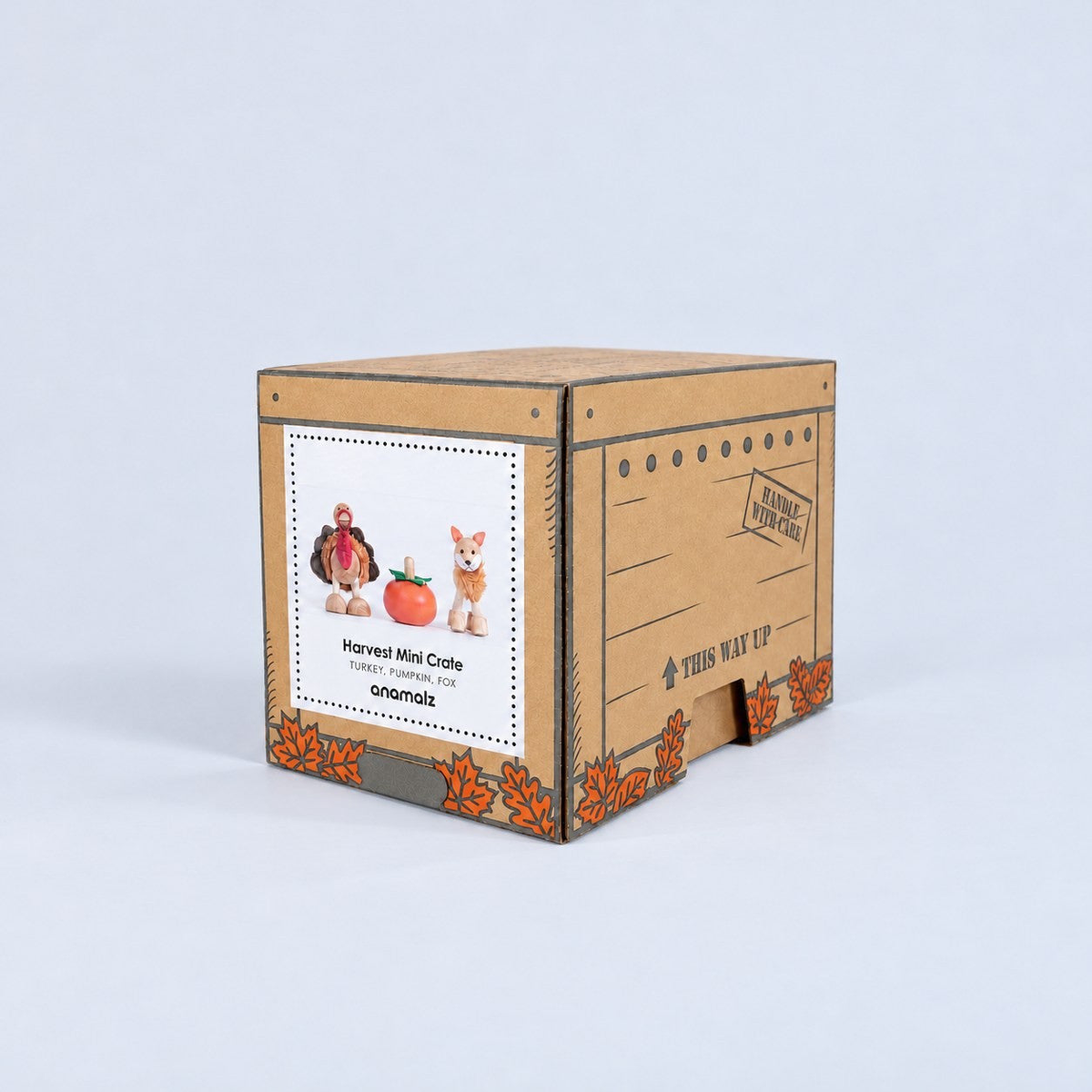Harvest Mini Crate packaging with Turkey, Pumpkin and Fox product label and autumn leaf artwork