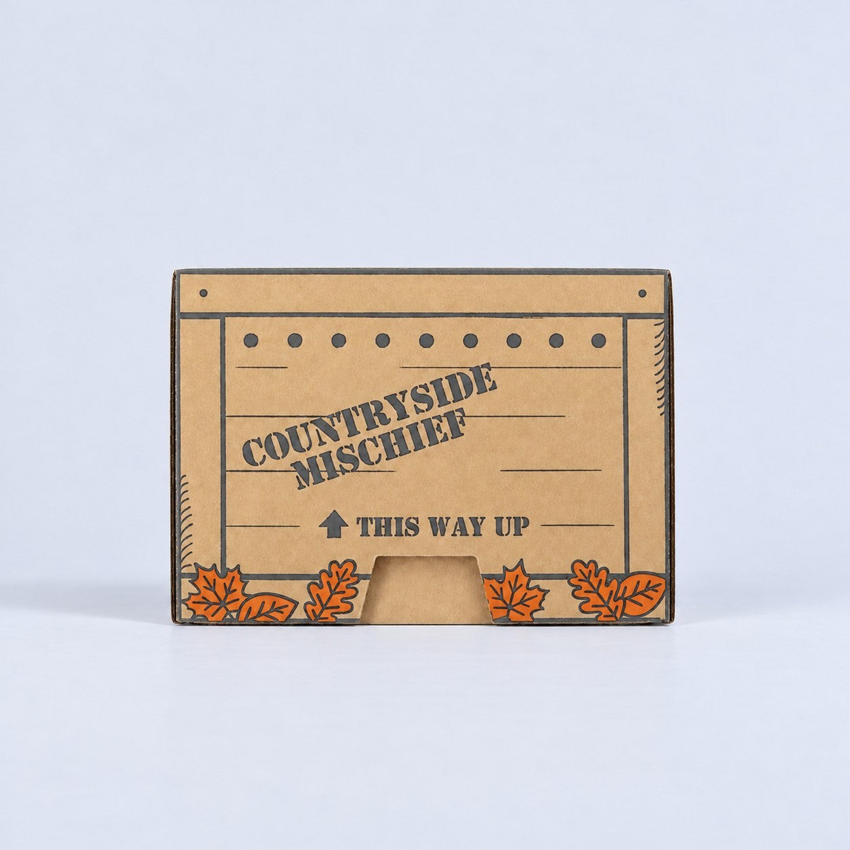 Harvest Mini Crate box side with Countryside Mischief lettering and orange autumn leaves