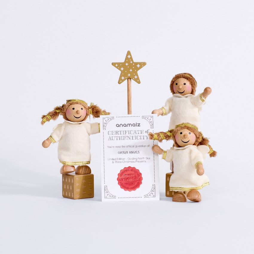 Cherub Angels with the certificate of authenticity, gold star stand and wooden present blocks