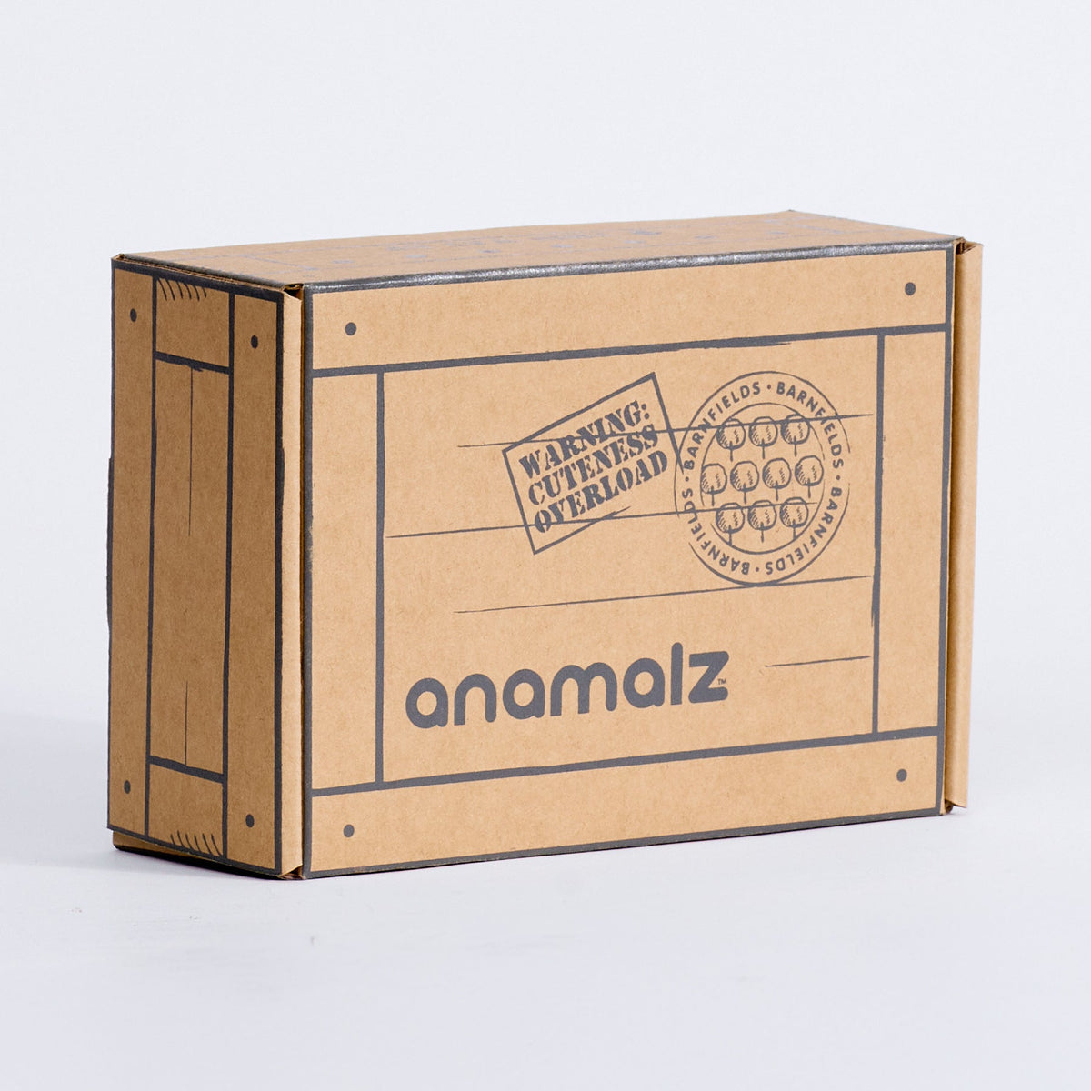 Barnfields shared crate-style gift box with Anamalz logo, angled view