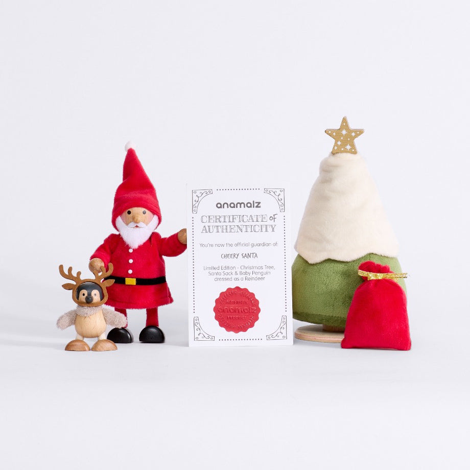 Cheery Santa set with Santa, baby penguin in antlers, Christmas tree, red sack and certificate