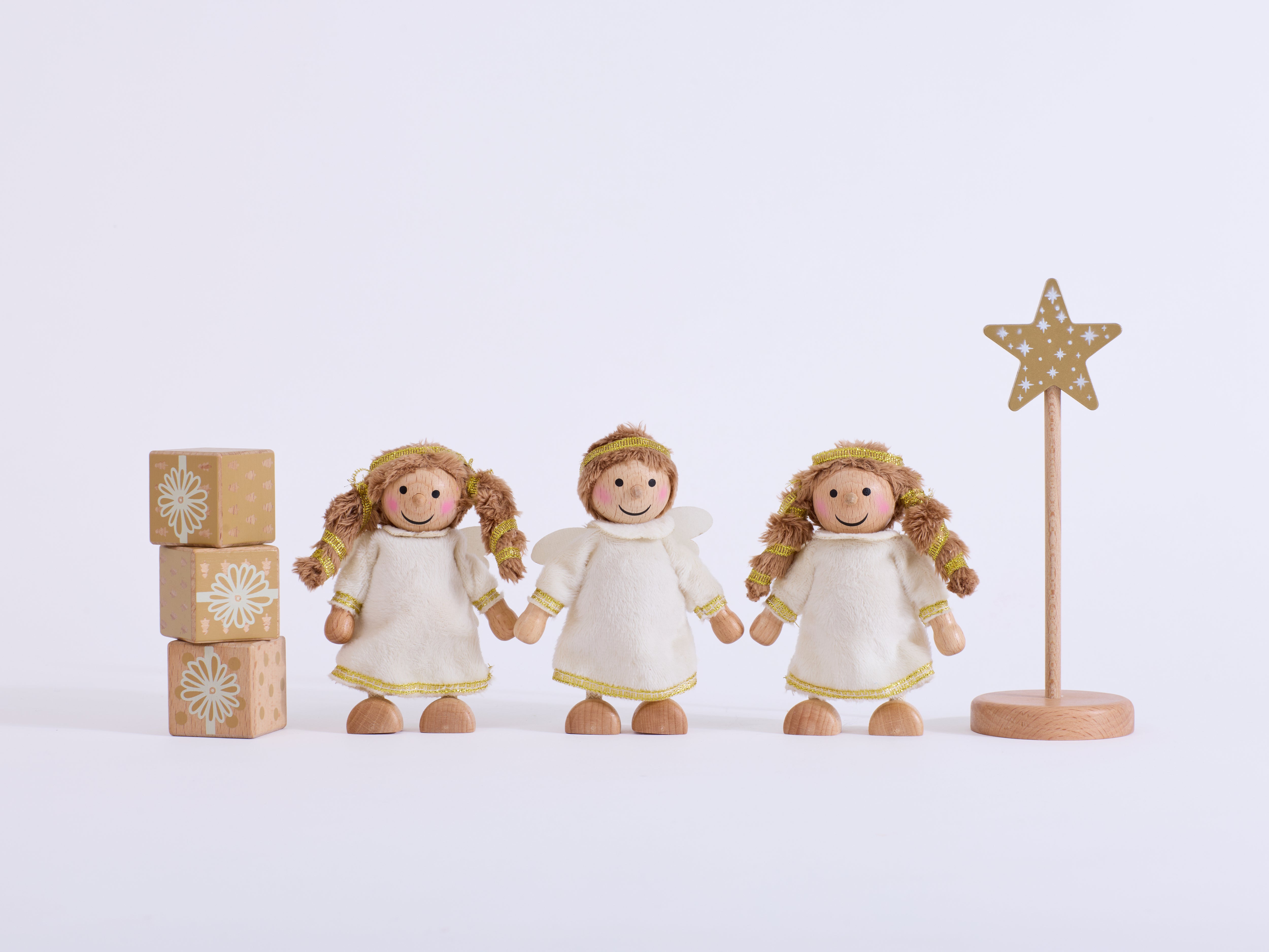 Cherub Angels set included in The Christmas Collection: three angels, star on a stand and three present blocks