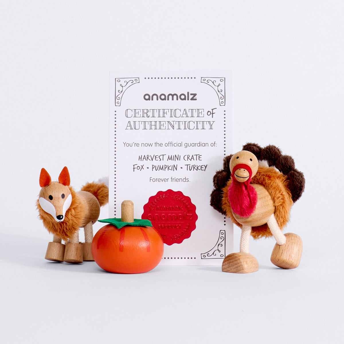 Harvest Mini Crate fox, pumpkin and turkey wooden figures with the Anamalz Certificate of Authenticity
