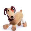 Adorable eco-friendly wooden dog toy with droopy fabric ears and moveable head, perfect for imaginative play and learning