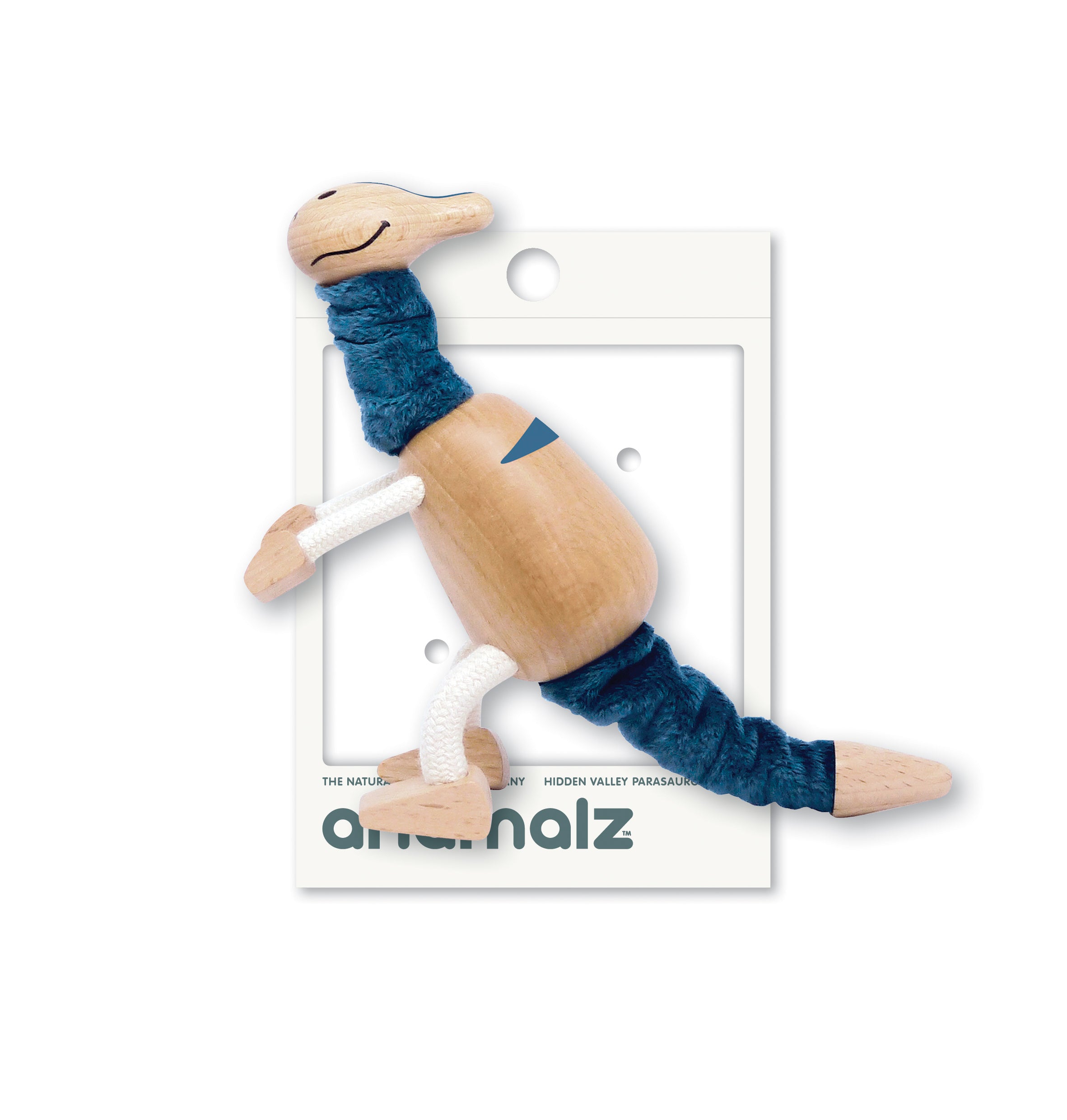 Adorable eco-friendly wooden Parasaurolophus dinosaur toy with blue stripe and bendy tail, perfect for imaginative play and learning.