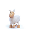 Adorable eco-friendly wooden sheep toy with soft white wool coat and moveable head, perfect for imaginative play and learning.